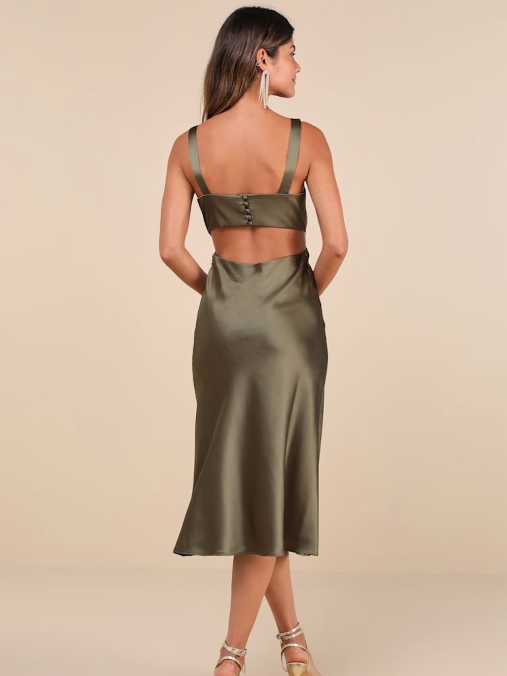 NWT Lulus Unmatched Elegance Olive Satin Sleeveless Midi Dress - Picture 2 of 4